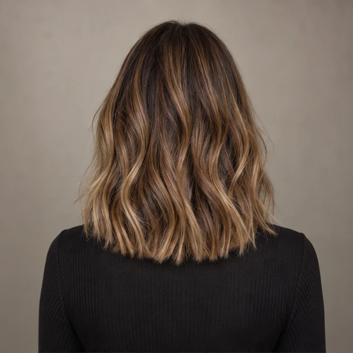 Shoulder-length brown waves with caramel ribbons through the lengths