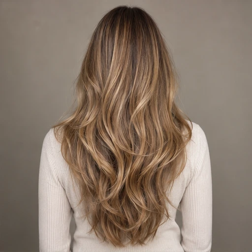 Long layered hair with brown roots and honey-blonde lengths