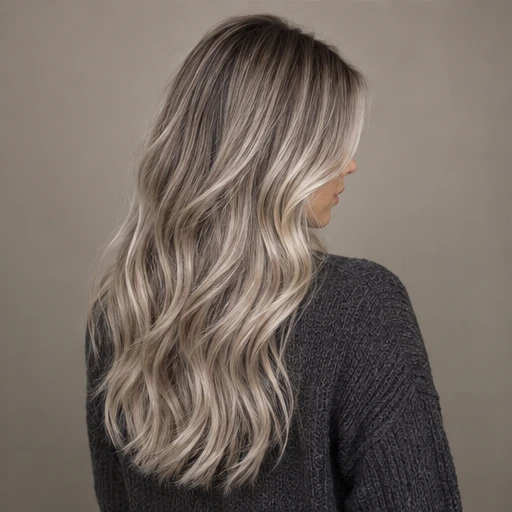 Long waves with dark roots blending into cool ash-blonde lengths