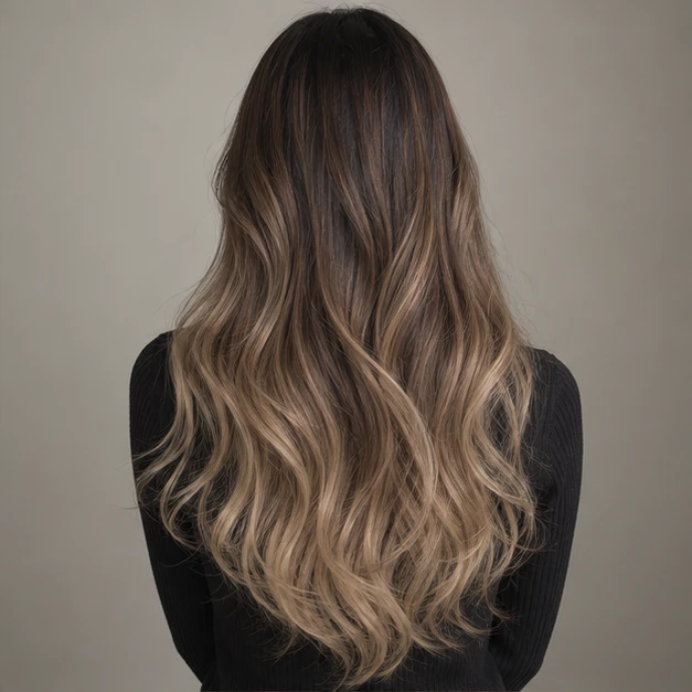 Long wavy hair with dark roots blending into beige-blonde lengths