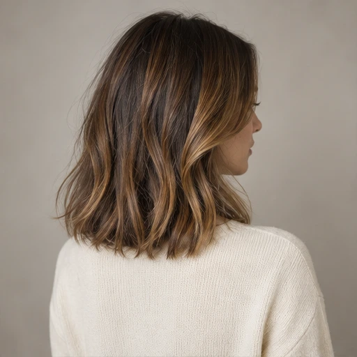 Shoulder-length brown lob with loose waves and lighter face-framing sections