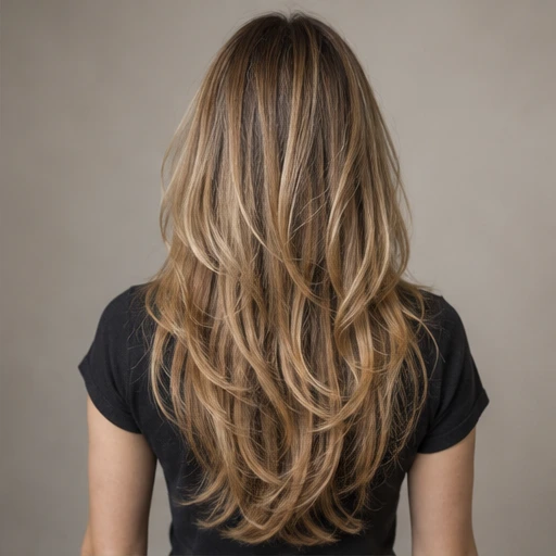 Back view of long highlighted hair with flowing layers