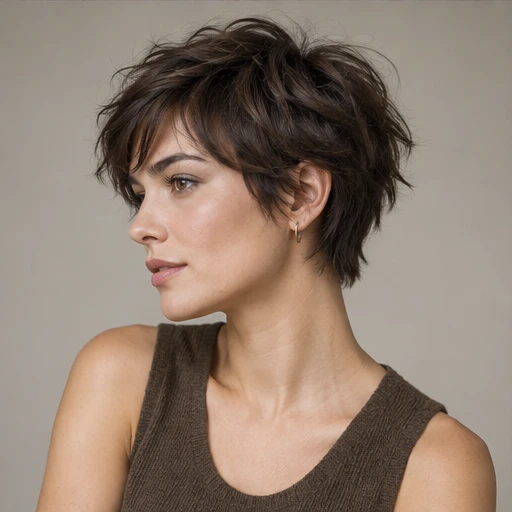 Side view of a short dark pixie cut with tousled layers