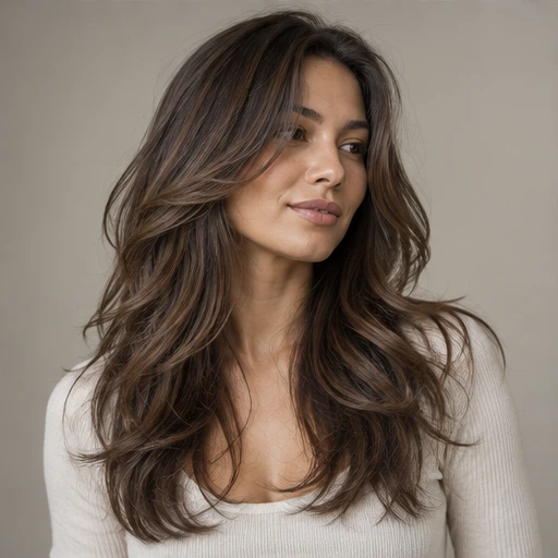 Long brown hair with sweeping face-framing layers