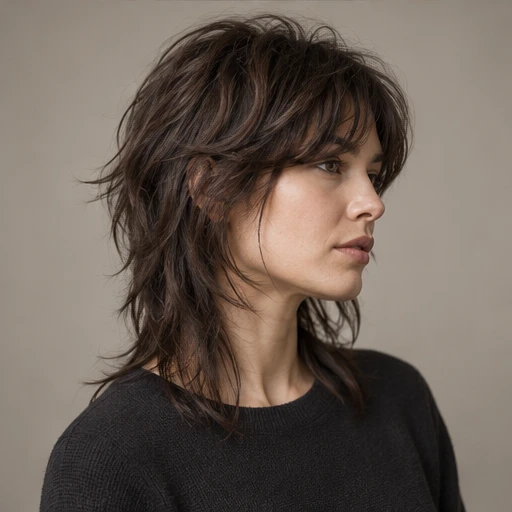 Shoulder-length dark shaggy hair with textured layers and bangs