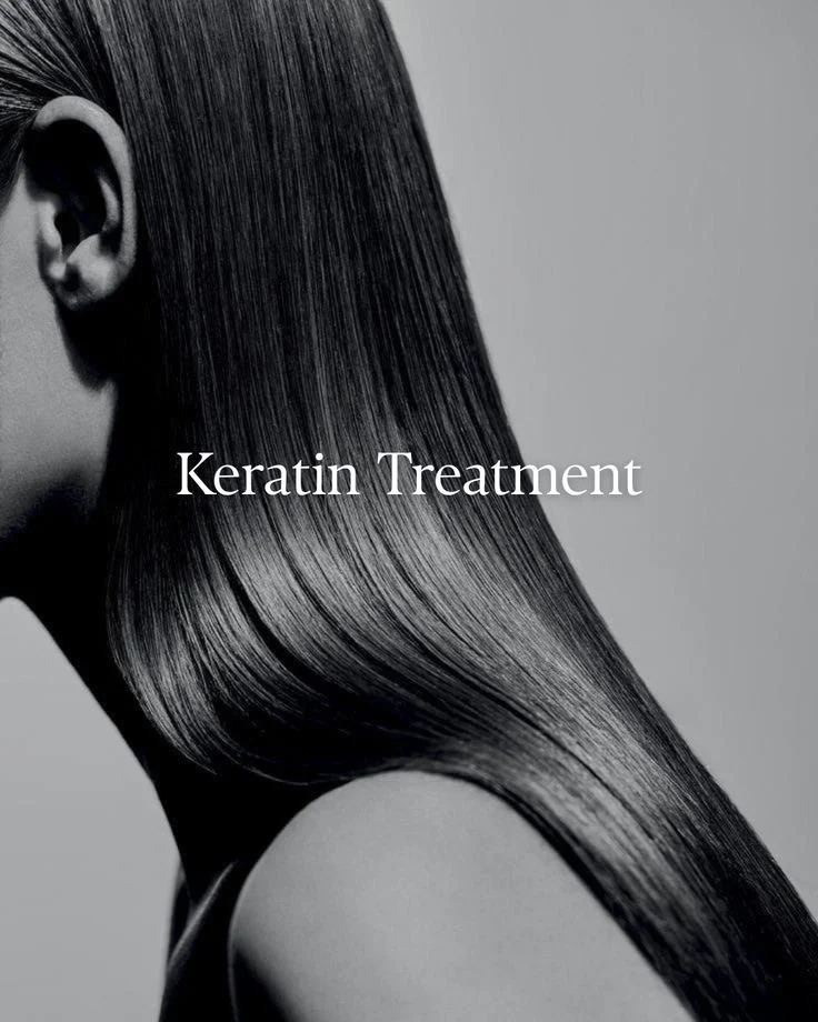 Smooth, glossy dark hair in a keratin treatment reference image