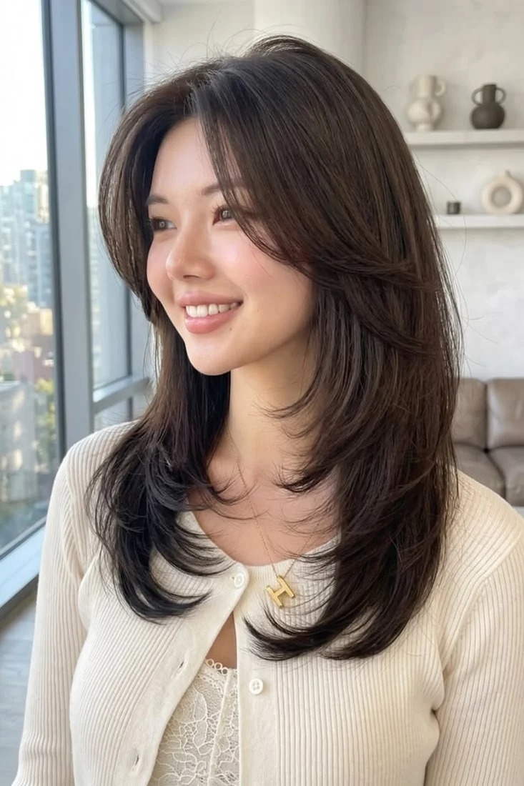 Layered brown hair with softly curved ends