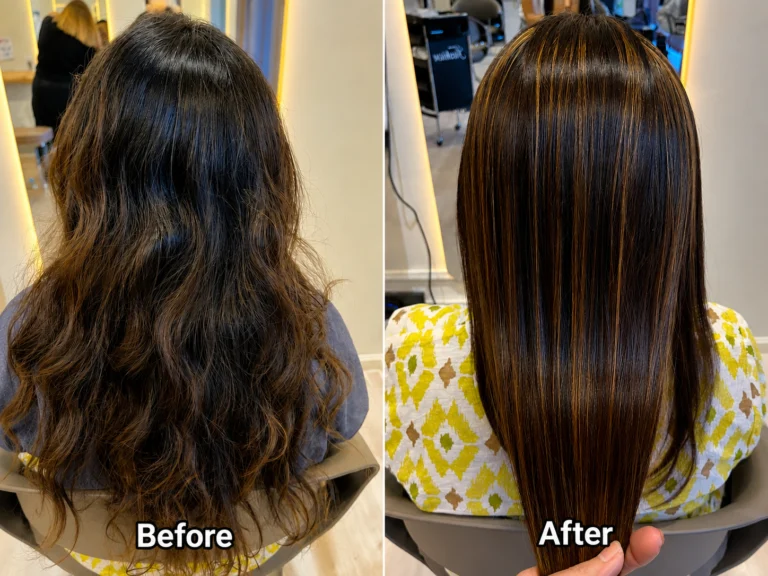 Before and after reference showing wavy hair and a smoother, straighter finish