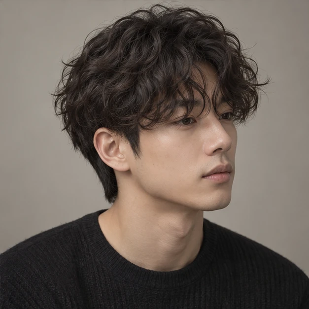 AI-generated men’s perm inspiration with short sides and tousled curls