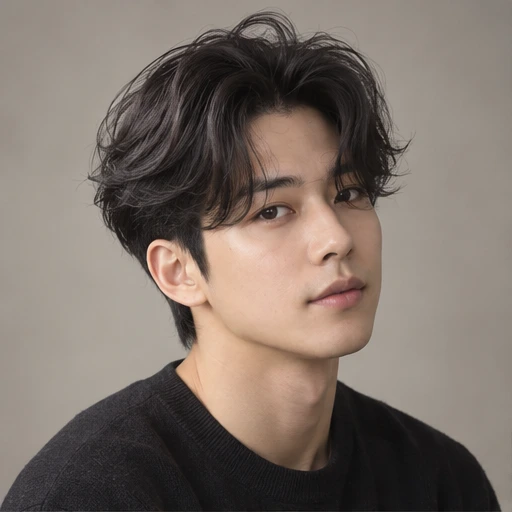 Short dark hair with a lifted, loosely parted wavy top and shorter sides