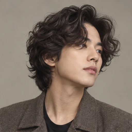 Medium-length dark hair with full loose curls around the forehead and ears