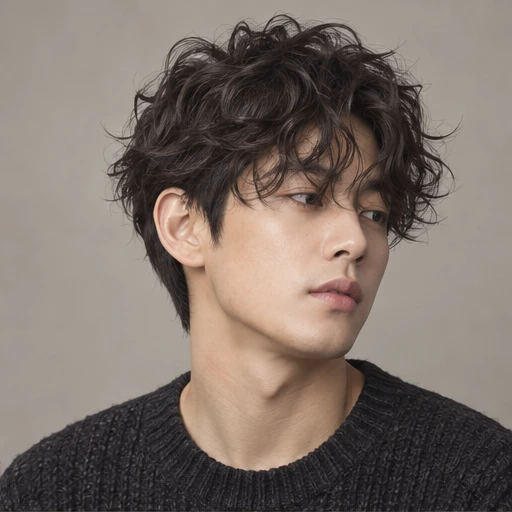 Short dark hair with tousled, separated curls and a textured fringe