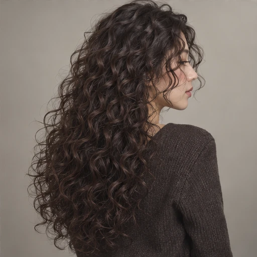 Long dark hair with defined spiral curls flowing down the back