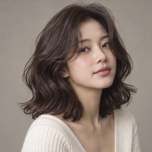Shoulder-length brown hair with loose waves and softly curved ends